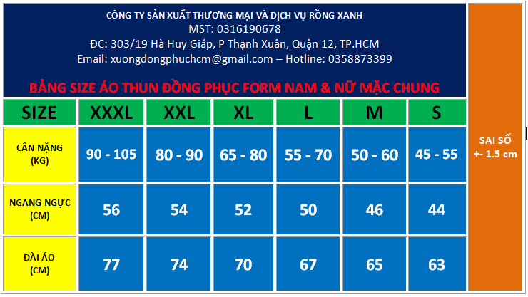 bảng size áo thun đồng phục nam nữ mặ chung theo thông số cơ thể người Việt Nam  hiện nay