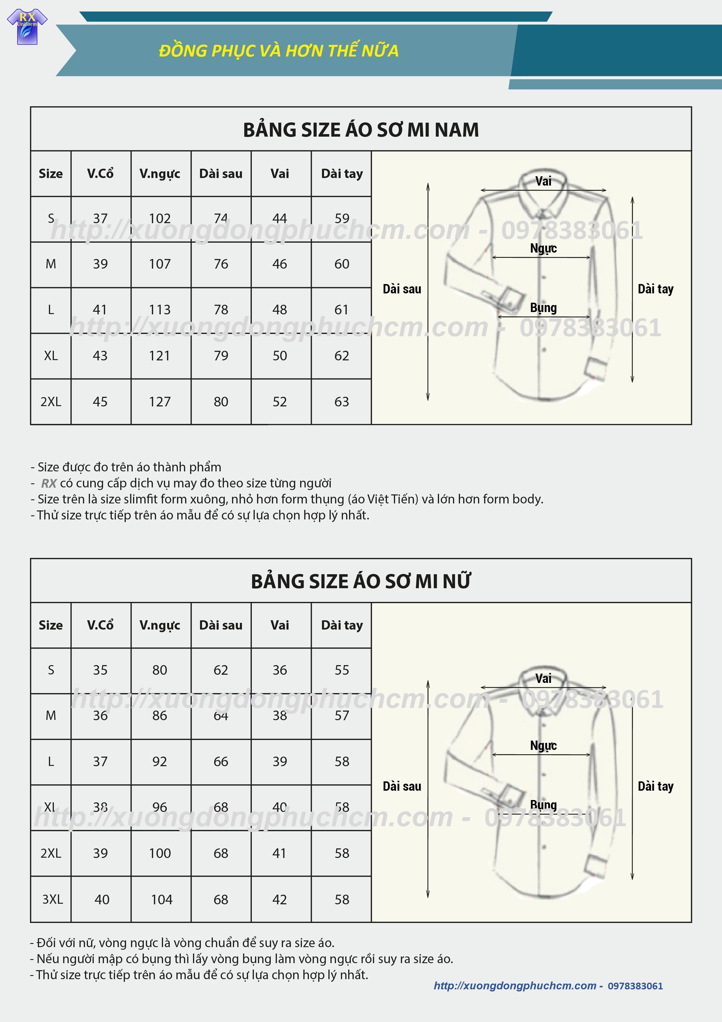 Bảng Size theo chỉ số đo cơ thể may áo sơ mi nam nữ-RX Uniform